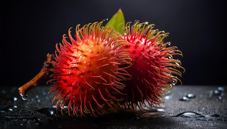 Close-up of fresh Rambutan Fruit with water drops on a pitch solid black background