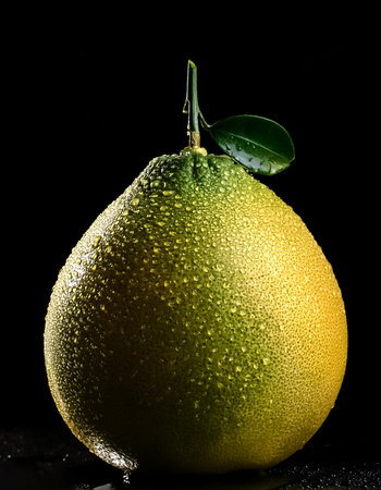 Close-up of fresh Pomelo Fruit with water drops on a pitch solid black backgroundの写真素材