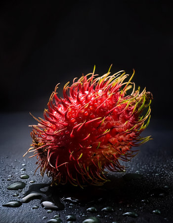 Close-up of fresh Rambutan Fruit with water drops on a pitch solid black backgroundの写真素材