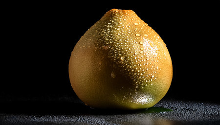 Close-up of fresh Pomelo Fruit with water drops on a pitch solid black backgroundの写真素材