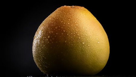 Close-up of fresh Pomelo Fruit with water drops on a pitch solid black backgroundの写真素材