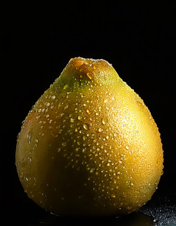 Close-up of fresh Pomelo Fruit with water drops on a pitch solid black backgroundの写真素材