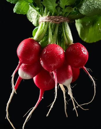 Close-up of fresh radishes with water droplets on a solid black backgroundの写真素材
