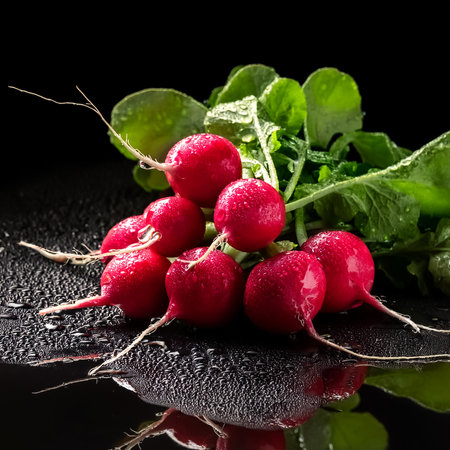 Close-up of fresh radishes with water droplets on a solid black backgroundの写真素材