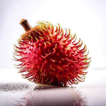 Close-up of fresh Rambutan Fruit with water drops on a pitch solid white backgroundの写真素材