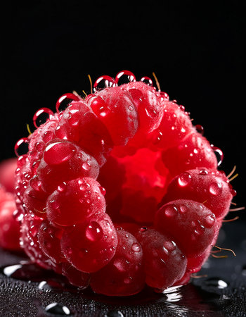 Close-up of fresh raspberries with water droplets on a solid black background. with one-way light...