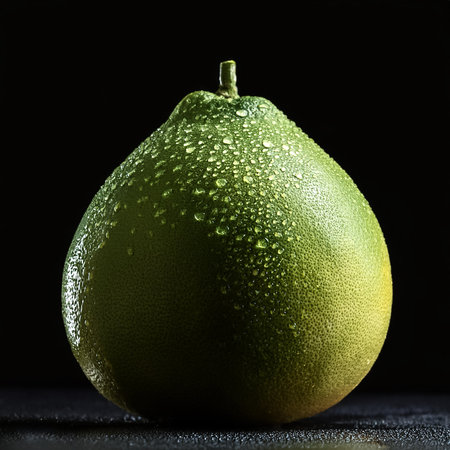 Close-up of fresh Pomelo Fruit with water drops on a pitch solid black backgroundの写真素材
