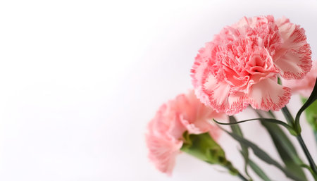 Carnation Flower with leaves pattern on side position provides copy space for text. background concept isolated whiteの写真素材