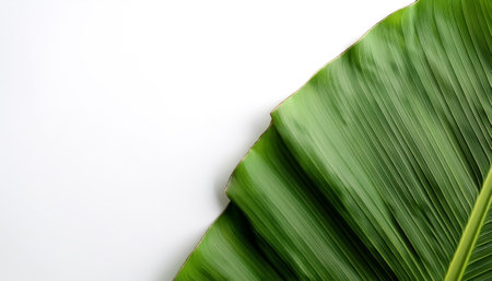 Banana leaf pattern on side position provides copy space for text. background concept isolated whiteの写真素材