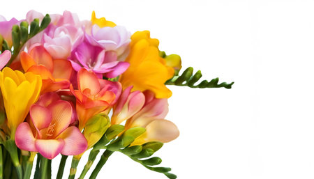 Freesia flowers bright colors with leaves pattern on side position provides copy space for text. background concept isolated whiteの写真素材