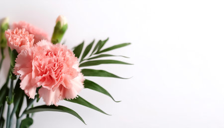 Carnation Flower with leaves pattern on side position provides copy space for text. background concept isolated whiteの写真素材