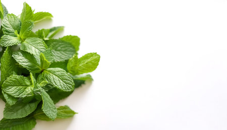 mint leaves pattern with side position provides copy space for text. background concept isolated whiteの写真素材