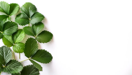 strawberry leaves pattern on side position provides copy space for text. background concept isolated whiteの写真素材