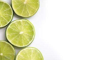 slices lime fruit pattern with side position provides copy space for text. background concept isolated whiteの写真素材