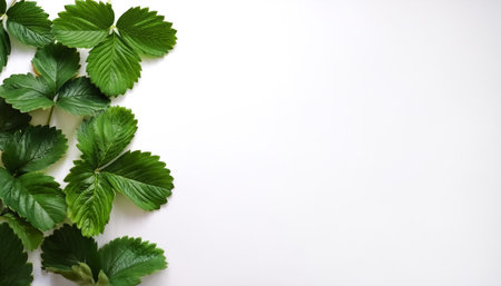 strawberry leaves pattern on side position provides copy space for text. background concept isolated...
