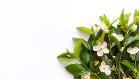 Tea leaves with flowers pattern on side position provides copy space for text. background concept isolated whiteの写真素材