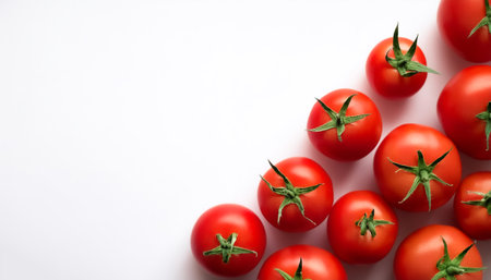 Tomatos pattern on side position provides copy space for text. background concept isolated whiteの写真素材