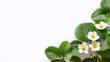 strawberry leaves pattern on side position provides copy space for text. background concept isolated whiteの写真素材