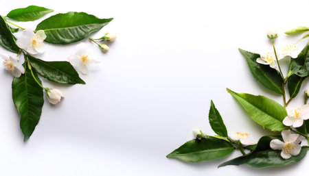 Tea leaves with flowers pattern on side position provides copy space for text. background concept isolated whiteの写真素材