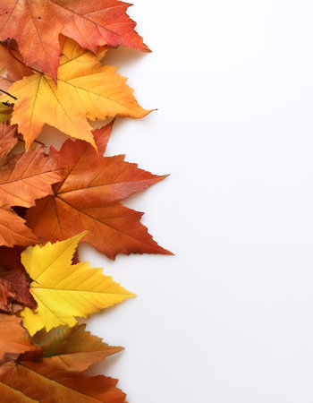 autumn leaves pattern with side position provides copy space for text. background concept isolated whiteの写真素材