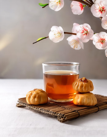 A glass of Chinese tea with pastries on the side, on a white table, with plum blossoms in the backgroundの写真素材