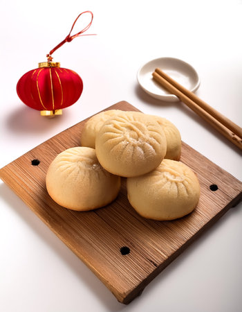 Chinese New Year cookies placed on a wooden stand, with a clean white background