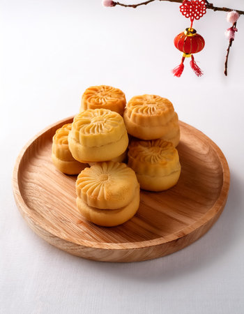Chinese New Year cookies placed on a wooden stand, with a clean white background