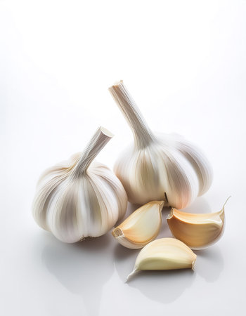 Garlic cloves with slices pattern with side position provides copy space for text. background concept isolated whiteの写真素材