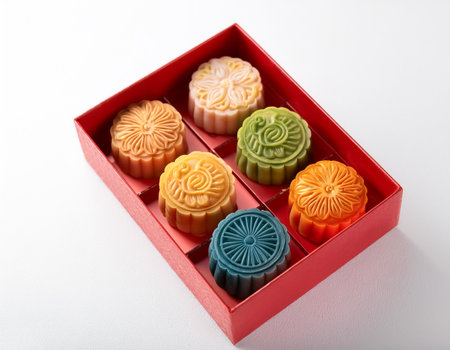 Colorful mooncakes with various fillings, neatly arranged in a red box, white background. concept to celebrate lunar new yearの写真素材