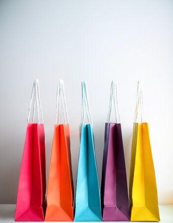 colorful shopping bags pattern with side position provides copy space for text. background concept isolated whiteの写真素材