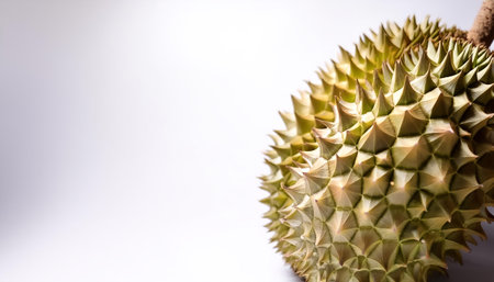 durian fruit pattern on side position provides copy space for text. background concept isolated whiteの写真素材