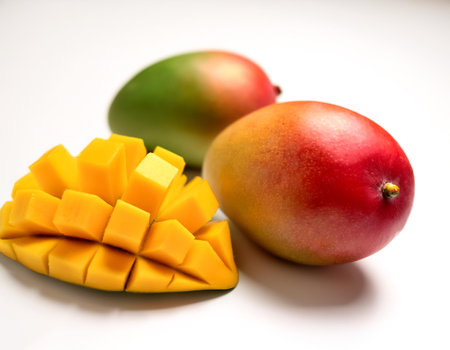 mangoes whole and sliced pattern with side position provides copy space for text. background concept isolated whiteの写真素材