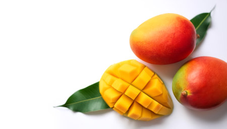 mangoes whole and sliced pattern with side position provides copy space for text. background concept isolated whiteの写真素材