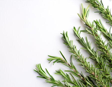 Rosemary pattern with side position provides copy space for text. background concept isolated whiteの写真素材