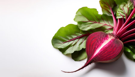 red beets with green leaves pattern on side position provides copy space for text. background concept isolated whiteの写真素材