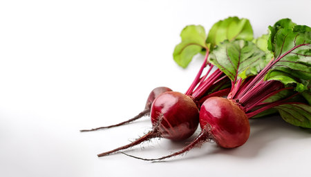 red beets with green leaves pattern on side position provides copy space for text. background concept isolated whiteの写真素材