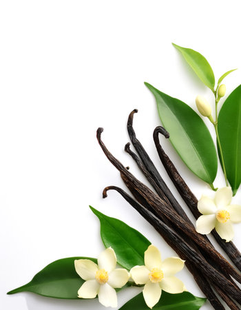 Vanilla pods, green leaves and flowers pattern with side position provides copy space for text. background concept isolated whiteの写真素材