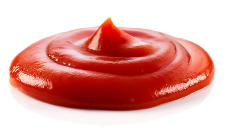 spilled tomato sauce on side position provides copy space for text. background concept isolated whiteの写真素材