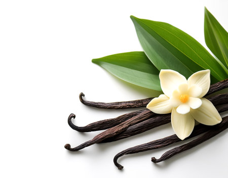 Vanilla pods, green leaves and flowers pattern with side position provides copy space for text. background concept isolated whiteの写真素材