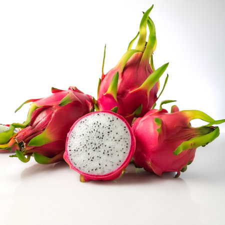 dragon fruit whole and sliced scattered around background concept isolated whiteの写真素材