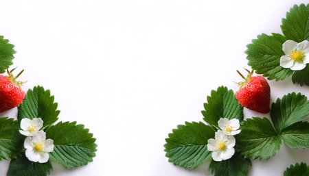 strawberry leaves pattern on side position provides copy space for text. background concept isolated whiteの写真素材