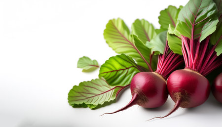 red beets with green leaves pattern on side position provides copy space for text. background...
