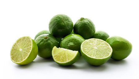 lime whole and sliced scattered around background concept isolated whiteの写真素材