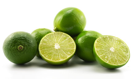 lime whole and sliced scattered around background concept isolated whiteの写真素材