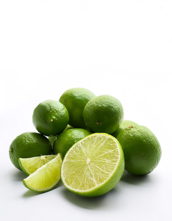 lime whole and sliced scattered around background concept isolated whiteの写真素材