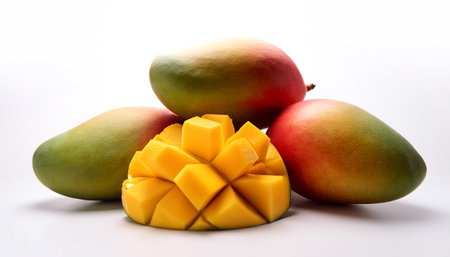 mangoes whole and sliced scattered around background concept isolated whiteの写真素材