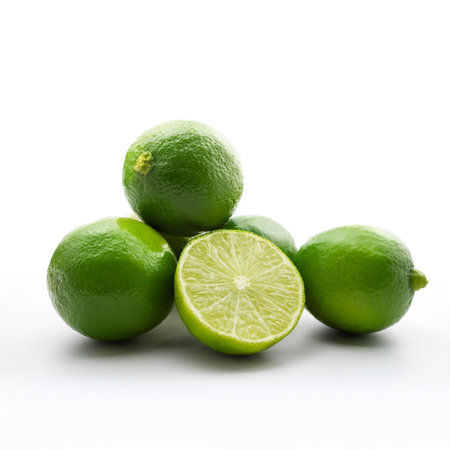 lime whole and sliced scattered around background concept isolated white