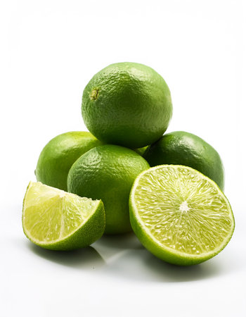 lime whole and sliced scattered around background concept isolated white