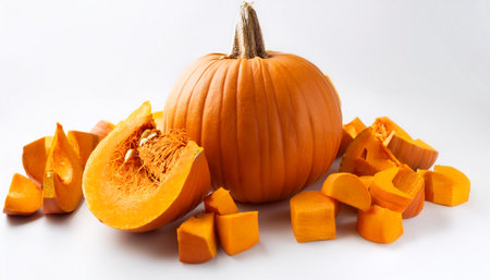 pumpkin whole and sliced scattered around background concept isolated whiteの写真素材