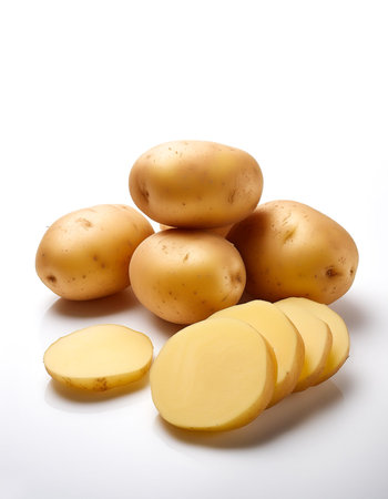 potato whole and sliced scattered around background concept isolated whiteの写真素材